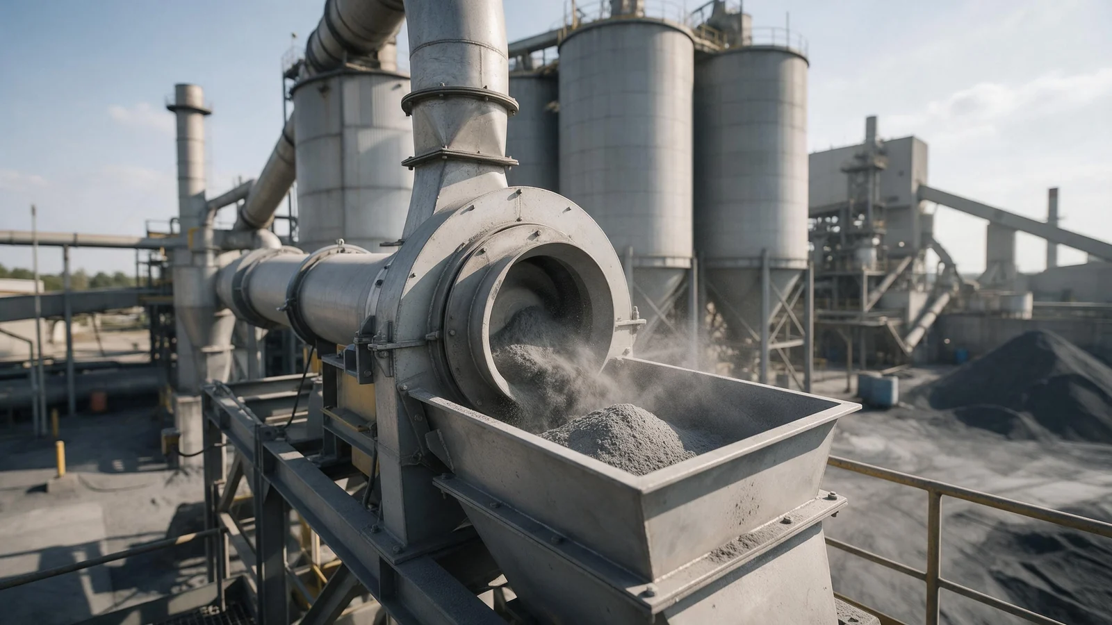 An air classifier and storage silos at a power station ash handling facility