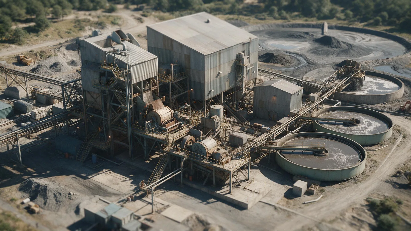An aerial view of a complete mineral processing plant: crushing